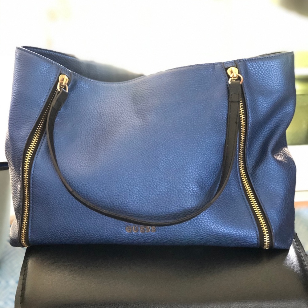 Guess zipper blue metallic tote